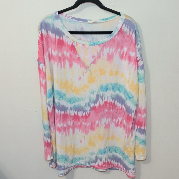 BiBi Tops - BiBi Tie-Dye T-Shirt Pink Yellow Blue Long Sleeve Hippie Retro 70s Womens Size L